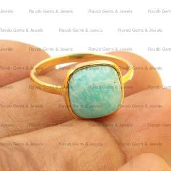 Best Quality 12mm Cushion Bezel Shape Ring for Women Solid 925 Sterling Silver 18k Gold Plating Natural Amazonite Fine Jewelry