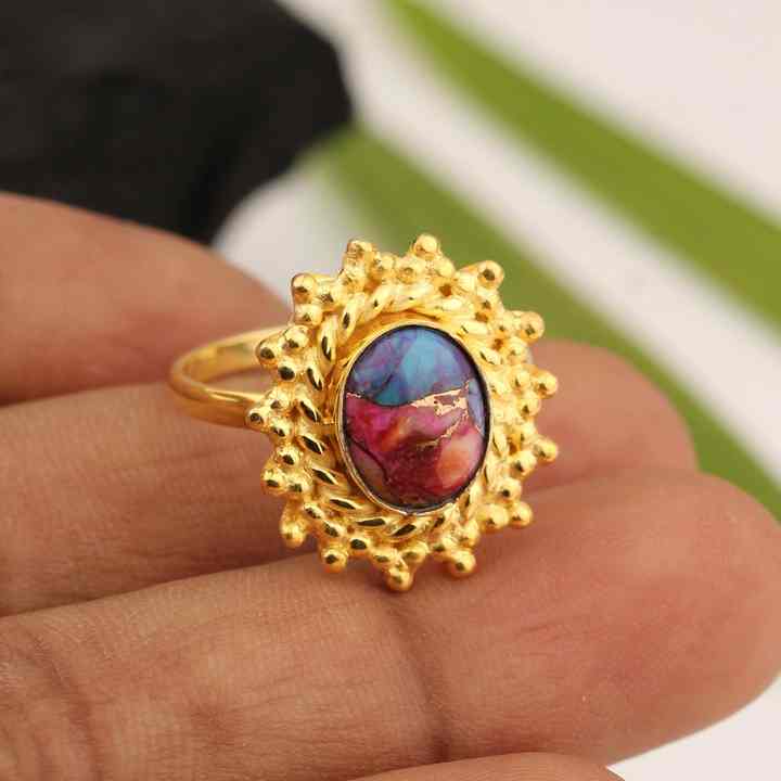 Top Selling 10x14mm Oval Mix Oyster Copper Turquoise Gemstone Ring Women 18K Gold Plated New Arrival Sterling Silver Fine