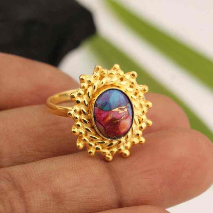 Top Selling 10x14mm Oval Mix Oyster Copper Turquoise Gemstone Ring Women 18K Gold Plated New Arrival Sterling Silver Fine