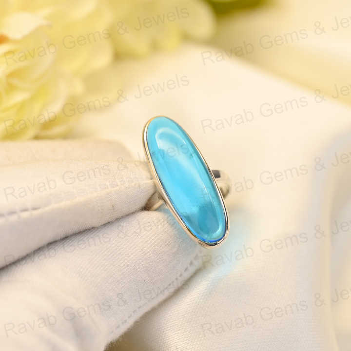 Top Selling Solid 925 Sterling Silver Blue Topaz Quartz 10x30mm Long Oval Bezel Setting Ring for Women Fine Handmade Jewelry