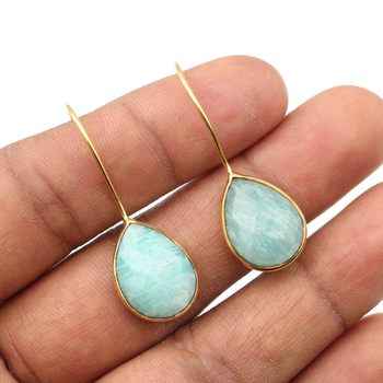 Best Selling 925 Sterling Silver Fine Dangle Earrings 12x16mm Natural Amazonite Bezel with Gold Plating Dainty Teardrop Design