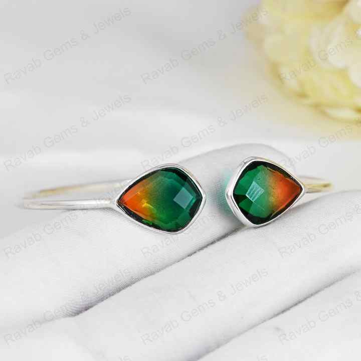 Genuine Solid 925 Sterling Silver Watermelon Tourmaline Kite Shape Checker Cut Bezel Setting Adjustable Gift Bangle For Women