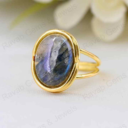 Valentine Sale Solid 925 Sterling Silver Natural Madagascar Blue Fire Labradorite Oval 10x14mm Gemstone Ring For Mens & Women