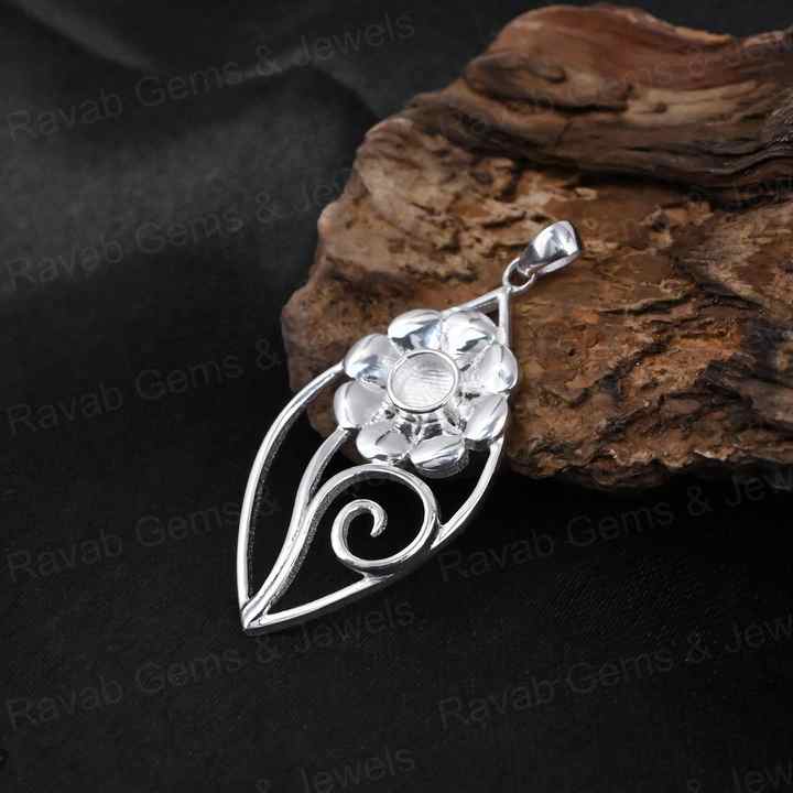 Handmade 925 Silver Semi-Mounting Charm Pendant Leaf Flower Design Stone Setting for DIY Keepsake Jewelry Findings Components