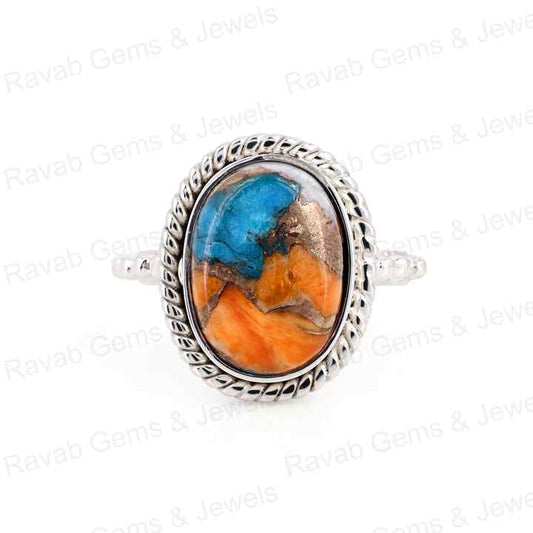 Best Selling 10x14mm Spiny Oyster Copper Turquoise Gemstone Bezel Real Sterling Silver Handmade Boho Dainty Oval Ring for Women