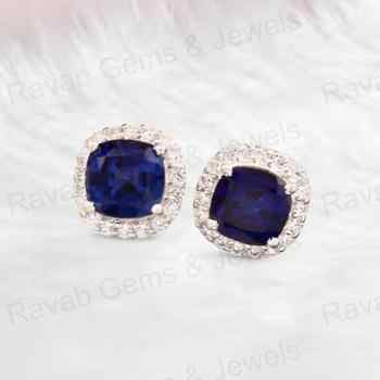 Solid 925 Sterling Silver Dark Blue Sapphire Hydro 10mm Cushion Cut Stud Earrings New Design Handmade Jewelry for Women