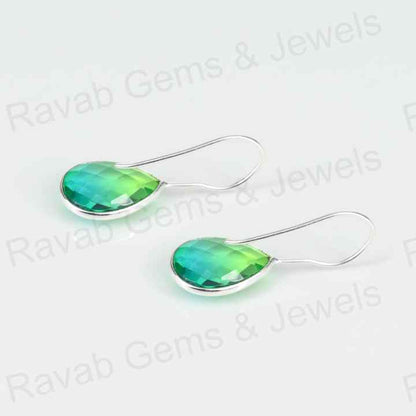 Best Quality Solid 925 Sterling Silver Watermelon Tourmaline Quartz Pear Checker Cut Dangle Drop Earring for Women Fine Jewelry