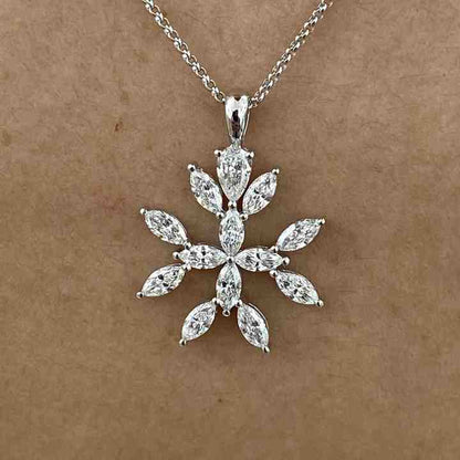 Genuine 925 Sterling Silver Lab-Diamond Marquise Cut Snowflake Design Chain Necklace For Women's Mother's Day Pendant Jewelry