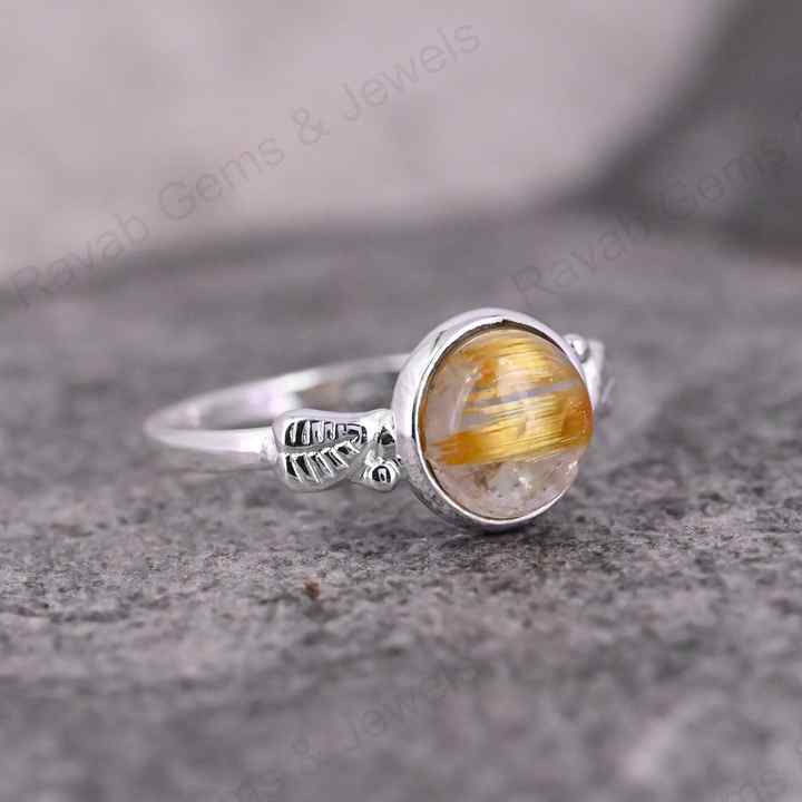 Top Quality Solid 925 Sterling Silver Golden Rutile 10MM Round Cab Gemstone Handmade Ring Fine Wholesale Jewelry Manufactures