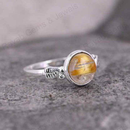 Top Quality Solid 925 Sterling Silver Golden Rutile 10MM Round Cab Gemstone Handmade Ring Fine Wholesale Jewelry Manufactures