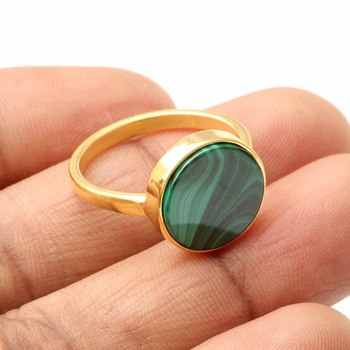 Top Selling 12mm Genuine Malachite Flat Gemstone Jewelry 18k Gold Plated Sterling Silver Handmade Beautiful Dainty Ring for Her