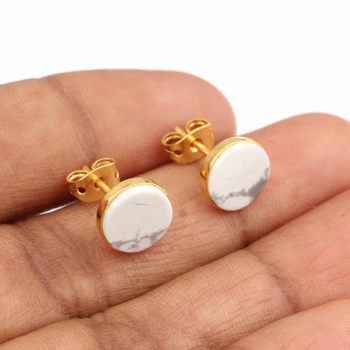 New Design 9mm Natural White Howlite Turquoise Stone Waterproof Jewelry Sterling Silver 18k Gold Plated Stud Earrings for Her