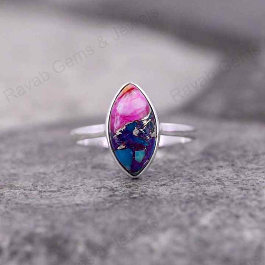 Natural Pink Spiny Oyster Turquoise Marquise Shape 7x14mm Bezel Setting Solid 925 Sterling Silver Women Daily Wear Handmade Ring