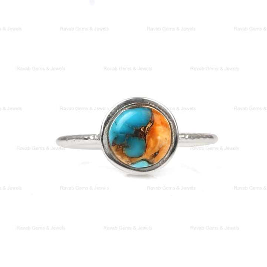 Hot Selling 10mm Mohave Spiny Oyster Copper Turquoise Bezel Handmade Dainty 925 Sterling Silver Ring for Women Fine Jewelry