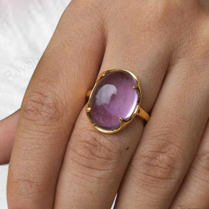 New Arrival Solid 925 Sterling Silver Natural Amethyst Cabochon 10x14mm Prong Setting 18k Gold Plated Ring for Women Jewelry