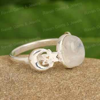 Best Quality Genuine White Rainbow Moonstone Oval 10x14mm Solid 925 Sterling Silver Moon & Star Design Women Handmade Ring