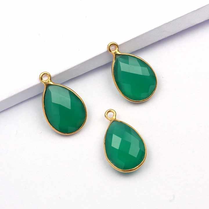 High Quality 12x16mm Genuine Green Onyx Gemstone Bezel Pendant Necklace 18K Gold Plated Pear Charm Fine Pendants Charms