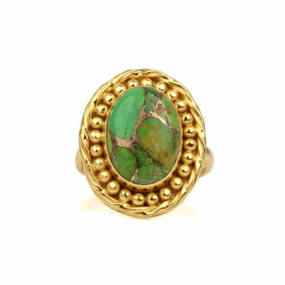 Top Selling 10x14mm Mohave Green Copper Turquoise Gemstone 925 Sterling Silver 18k Gold Plated Oval Shape Ring Women Jewelry