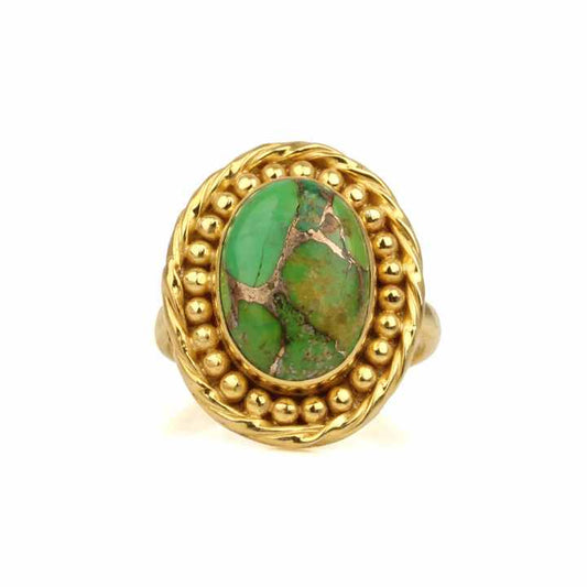 Top Selling 10x14mm Mohave Green Copper Turquoise Gemstone 925 Sterling Silver 18k Gold Plated Oval Shape Ring Women Jewelry