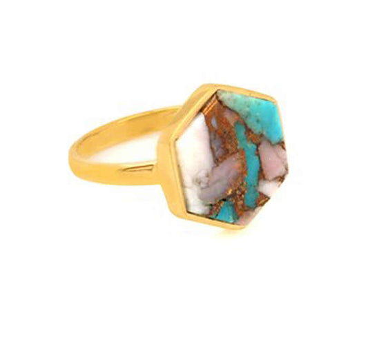 Best Selling 925 Silver Women's Fine 12mm Ring Natural Mohave Pink Opal Set Copper Turquoise Gemstone Bezel Dainty Design Party