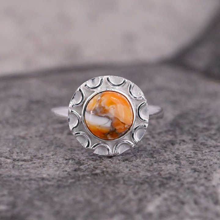 Superb Quality Solid 925 Sterling Silver Natural Orange Spiny Oyster Turquoise 10mm Round Shape Ring For Women Fine Jewelry