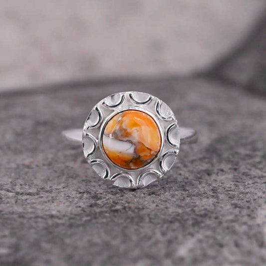 Superb Quality Solid 925 Sterling Silver Natural Orange Spiny Oyster Turquoise 10mm Round Shape Ring For Women Fine Jewelry