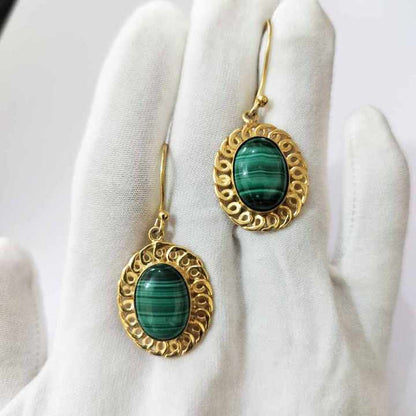 Top Quality Genuine Green Malachite 10x14mm Oval Shape Bezel Setting Solid 925 Sterling Silver 14k Gold Plated Dangle Earring