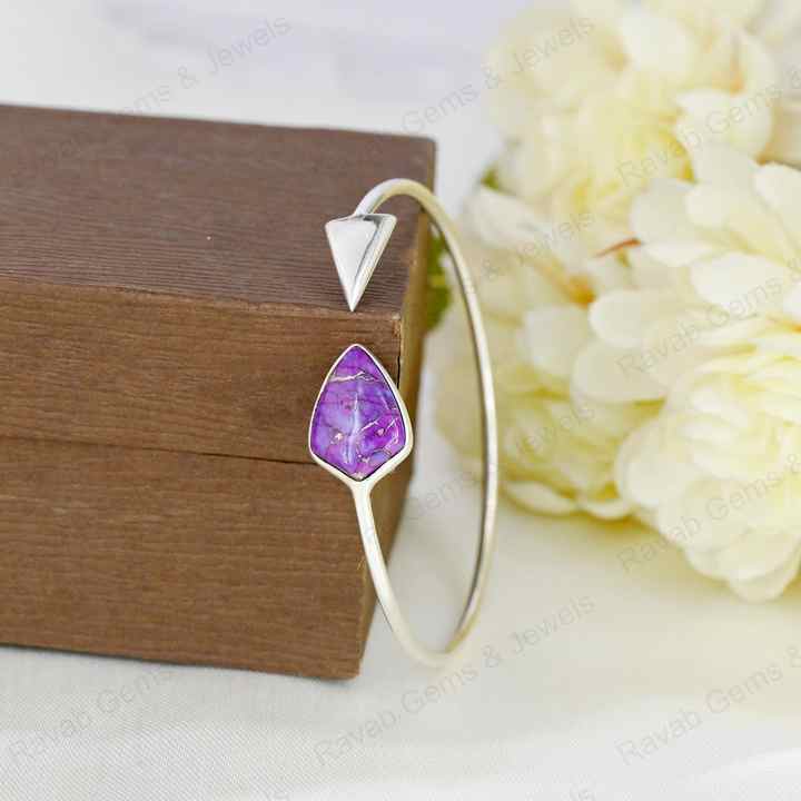 Best Selling Mohave Purple Copper Turquoise 925 Silver Bezel Shield Adjustable Arrow Shape Designer Bangle Fine Native Jewelry