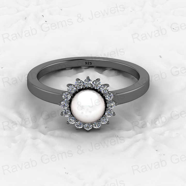 Genuine 925 Sterling Silver 6mm Genuine Fresh Water of Pearl With CZ Vermeil Floral Halo Eternity Band Wedding Ring for Women