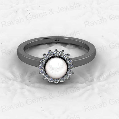 Genuine 925 Sterling Silver 6mm Genuine Fresh Water of Pearl With CZ Vermeil Floral Halo Eternity Band Wedding Ring for Women