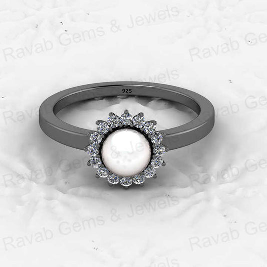 Genuine 925 Sterling Silver 6mm Genuine Fresh Water of Pearl With CZ Vermeil Floral Halo Eternity Band Wedding Ring for Women