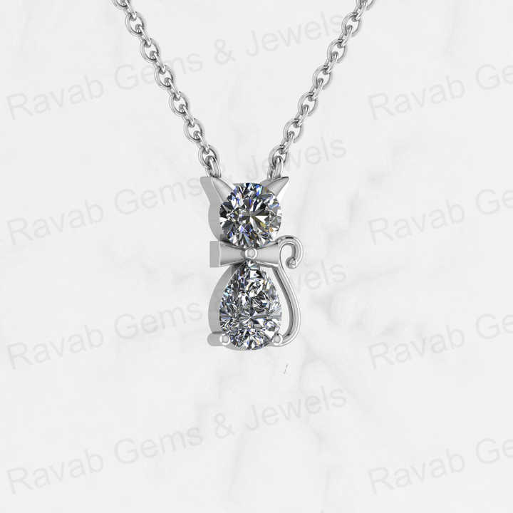 Top Quality Genuine Solid 925 Sterling Silver Cat Lover Pendant Necklace Round 5mm Pear 7x5mm Cubic Zirconia Keepsake Necklace