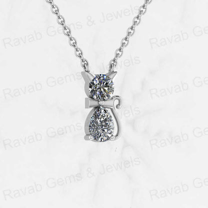 Top Quality Genuine Solid 925 Sterling Silver Cat Lover Pendant Necklace Round 5mm Pear 7x5mm Cubic Zirconia Keepsake Necklace