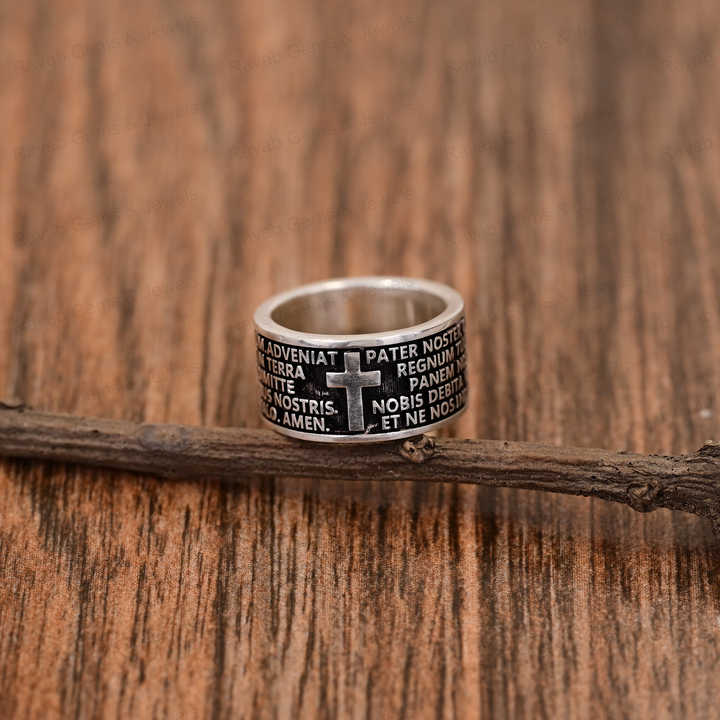 Top Selling Handmade 925 Silver Wide Band Spiritual Catholic Prayer Cross Christ Embossed Men's Ring Christian Fine Jewelry