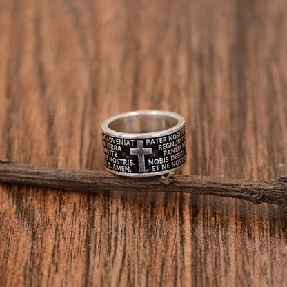 Top Selling Handmade 925 Silver Wide Band Spiritual Catholic Prayer Cross Christ Embossed Men's Ring Christian Fine Jewelry