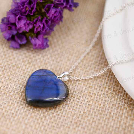 Hot Selling Mother's Day Sale 20mm Puffy Heart Natural Blue Fire Labradorite Handmade 925 Silver Pendant Necklace Fine Jewelry