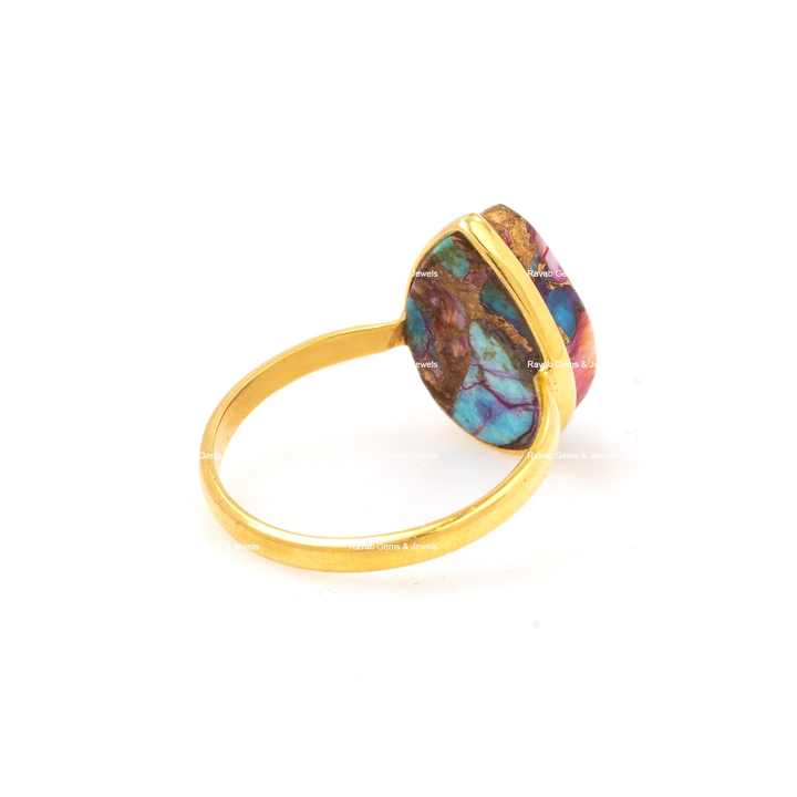 Hot Selling New Design 12x16mm Natural Mix Oyster Copper Turquoise Stone 18k Gold Plated Dainty Boho Pear Shape Ring for Women
