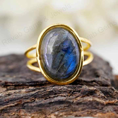 Valentine Sale Solid 925 Sterling Silver Natural Madagascar Blue Fire Labradorite Oval 10x14mm Gemstone Ring For Mens & Women
