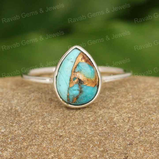 Hot Selling 10x12mm Mohave Blue Copper Turquoise Gemstone Handmade 925 Silver Pear Statement Women's Ring Fine Native Jewelry