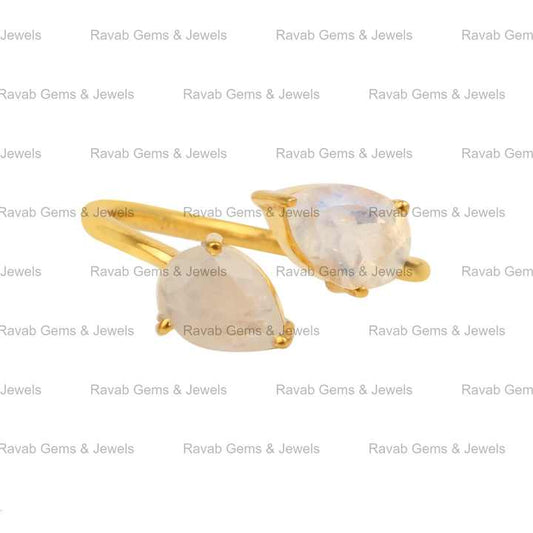 Top Selling Natural 6x4mm Pear Rainbow Moonstone Jewelry 18k Gold Plated Silver Dainty Teardrop Adjustable Prong Ring for Women