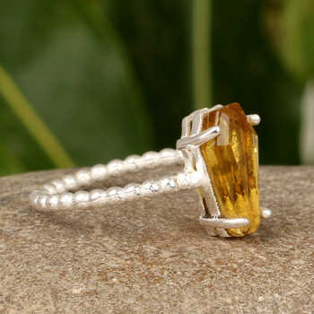 Super Quality Handmade 925 Sterling Silver Ring for Women Genuine Citrine Gemstone Coffin Shape Prong Setting Rhodium Fine Ring