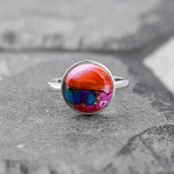 Best Selling 12mm Mohave Mix Oyster Copper Turquoise Gemstone 925 Silver Handmade Round Shape Bezel Ring Fine Jewelry For Women