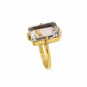 Handmade Design Natural Clear Quartz Emerald Cut Ring Sterling Silver With Gold Plating Fine Semi-Precious Crystal Quartz Ring
