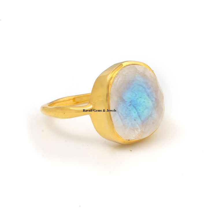 Beautiful 12x13mm Natural Rainbow Moonstone Jewelry 925 Silver 18k Gold Plated Organic Shape Boho Stylish Band Ring for Women