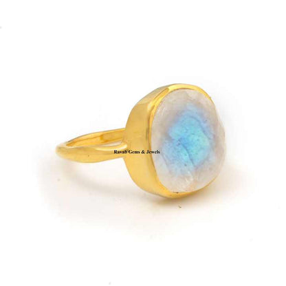 Beautiful 12x13mm Natural Rainbow Moonstone Jewelry 925 Silver 18k Gold Plated Organic Shape Boho Stylish Band Ring for Women