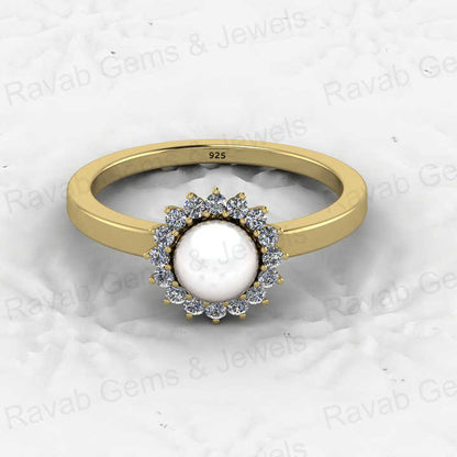 Genuine 925 Sterling Silver 6mm Genuine Fresh Water of Pearl With CZ Vermeil Floral Halo Eternity Band Wedding Ring for Women