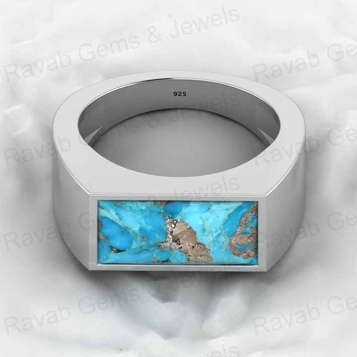 Top Selling Genuine 925 Silver 7x14mm Rectangle Pyrite & Turquoise Gemstone Bezel Sating Signet Ring for Men Wedding Jewelry