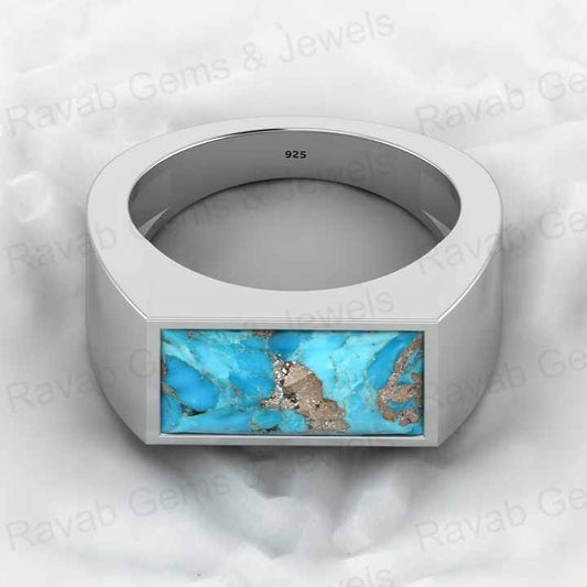 Top Selling Genuine 925 Silver 7x14mm Rectangle Pyrite & Turquoise Gemstone Bezel Sating Signet Ring for Men Wedding Jewelry