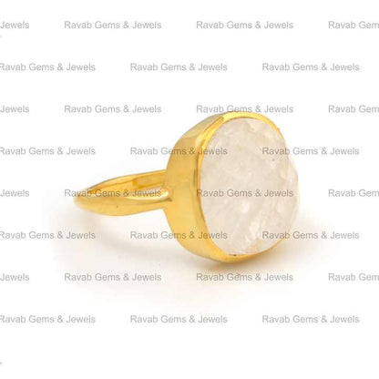 Top Selling 12x13mm Natural Crystal Rainbow Moonstone Gold Vermeil 925 Silver Dainty Uneven Shape Eternity Band Ring for Women