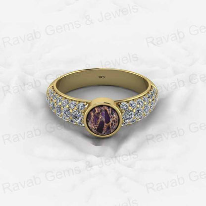 Top Selling Genuine 925 Sterling Silver Purple & Black Copper Turquoise Gemstone Bezel Setting CZ Round Ring for Custom Jewelry